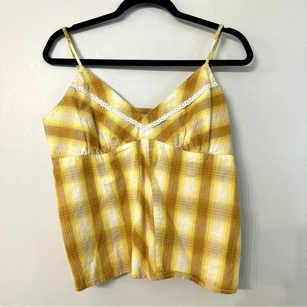 Roper Yellow Plaid Spaghetti Strap with Lace Detail Blouse Size Large